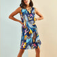 Multi-patterned V-neck Dress - Navy Blue